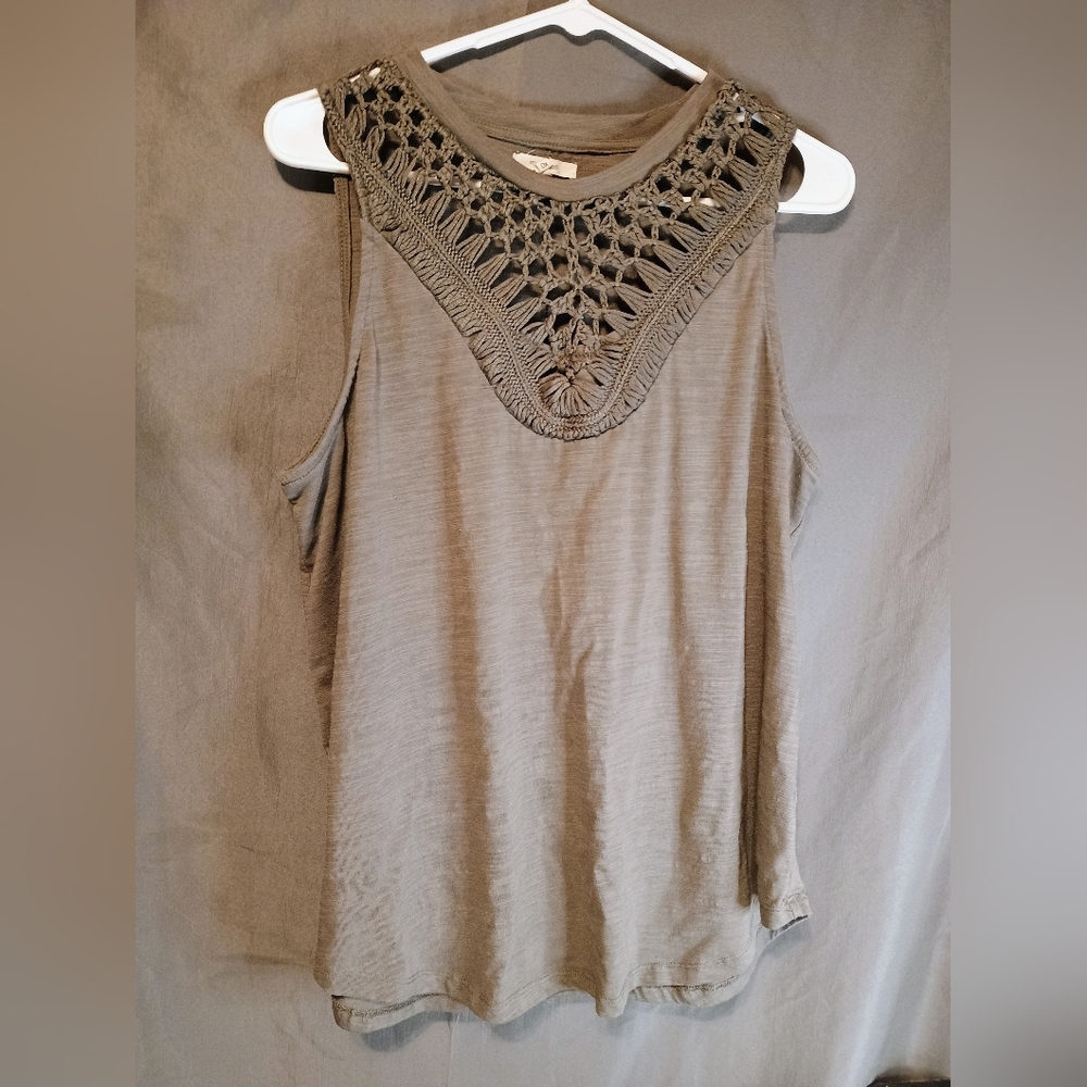 Maurice Olive Green Women's Sleeveless Top with Crochet Detail